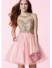 Beaded Tulle Jewel Neckline Hole Back Knee Length Prom Dress 